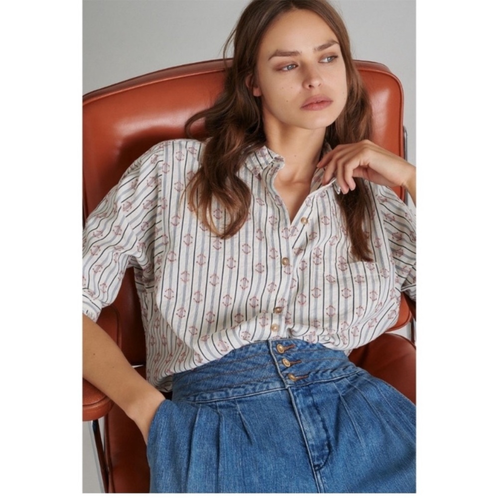 Pilcro and the Letterpress Ivory Striped Button-Down Shirt with Pink Accents